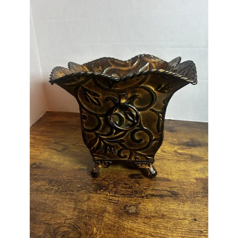 Vintage Embossed Metal Planter Bronze Floral Scroll Footed Cachepot Decor Accent